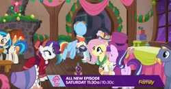 Size: 1261x662 | Tagged: a hearth's warming tail, alternate hairstyle, bonnie rose, derpibooru import, discovery family logo, flutterholly, fluttershy, lyra heartstrings, merry, octavia melody, rainbow dash, rarity, safe, screencap, snowdash, snowfall frost, starlight glimmer, victrola scratch, vinyl scratch