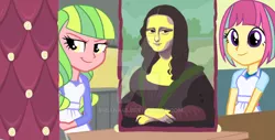 Size: 1024x519 | Tagged: safe, artist:airiana45, derpibooru import, edit, edited screencap, screencap, lemon zest, sour sweet, equestria girls, friendship games, alternate universe, cake, food, mona lisa, watermark