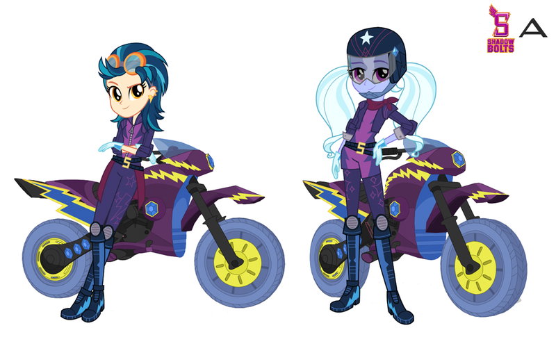 Size: 1106x670 | Tagged: safe, artist:karalovely, derpibooru import, indigo zap, sugarcoat, equestria girls, friendship games, clothes, crystal prep academy, crystal prep shadowbolts, duo, gloves, helmet, motocross outfit, motorcross, motorcross outfit, motorcycle, motorcycle helmet, simple background, white background