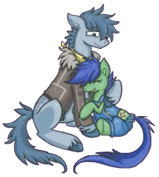 Size: 543x607 | Tagged: artist:whispir, bandana, clothes, cutie mark, derpibooru import, fallout equestria, fallout equestria: project horizons, father and daughter, hug, jacket, oc, oc:p-21, oc:scotch tape, overalls, safe, unofficial characters only