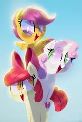 Size: 1000x1500 | Tagged: adorabloom, apple bloom, artist:talonsofwater, cute, cutealoo, cutie mark, cutie mark crusaders, derpibooru import, diasweetes, leaning, looking down, looking up, open mouth, safe, scootaloo, smiling, sweetie belle, the cmc's cutie marks, tower of pony