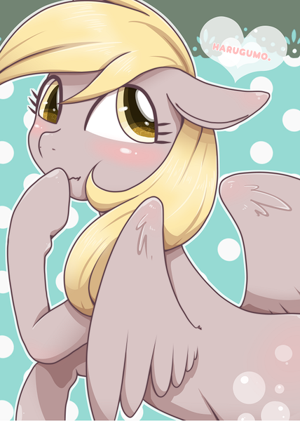 Size: 631x885 | Tagged: safe, artist:kiriya, derpibooru import, derpy hooves, pegasus, pony, blushing, cute, derpabetes, female, mare, oh you, raised hoof, scrunchy face, solo