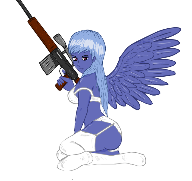 Size: 850x800 | Tagged: alicorn, artist:glue123, clothes, derpibooru import, fallout equestria, fallout equestria: project horizons, gun, human, humanized, lingerie, oc, oc:lacunae, panties, questionable, rifle, solo, underwear, unofficial characters only, weapon, winged humanization