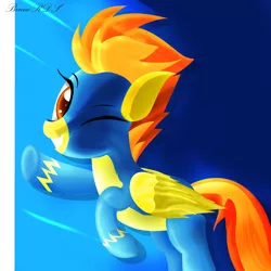 Size: 2000x2000 | Tagged: artist:mrbrunoh1, derpibooru import, happy, light, looking at you, safe, smiling, solo, spitfire, wink, wonderbolts, wonderbolts uniform