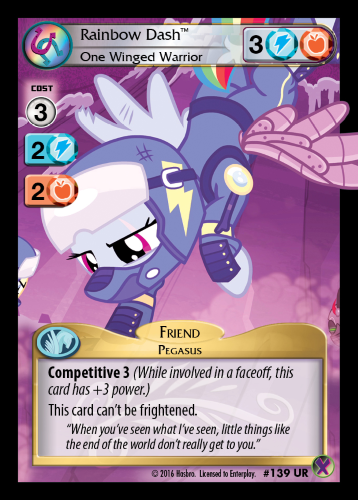 Size: 358x500 | Tagged: alternate timeline, apocalypse dash, ccg, crystal war timeline, derpibooru import, enterplay, marks in time, merchandise, quote, rainbow dash, safe