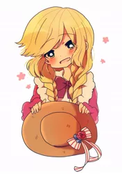 Size: 660x939 | Tagged: safe, artist:lotte, derpibooru import, applejack, equestria girls, alternate hairstyle, blushing, clothes, cute, dress, hat, humanized, jackabetes, solo