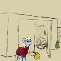 Size: 768x768 | Tagged: safe, artist:thebathwaterhero, derpibooru import, oc, oc:sunny days, unofficial characters only, earth pony, pony, series:entrapment, cage, cart, child, clothes, cyoa, feed bag, female, filly, foal, gladiator, helmet, shed, slave, story included, tree, wheel