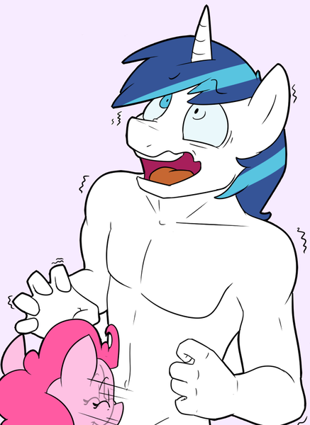 Size: 682x937 | Tagged: anthro, artist:strangerdanger, bare chest, belly button, censored, cropped, derpibooru import, edit, female, implied blowjob, implied oral, implied sex, infidelity, infidelity armor, male, nudity, pinkie pie, questionable, sexy armor, shining armor, shiningpie, shipping, straight