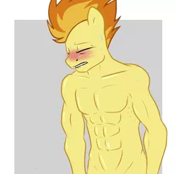 Size: 1036x1020 | Tagged: anthro, artist:strangerdanger, bare chest, belly button, blushing, cropped, derpibooru import, edit, exploitable, firestorm, male, muscles, nudity, rule 63, solo, solo male, spitfire, suggestive