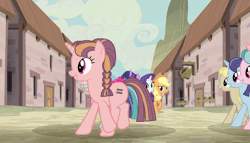 Size: 1259x720 | Tagged: safe, derpibooru import, edit, screencap, applejack, fluttershy, offbeat, pinkie pie, rainbow dash, rarity, twilight sparkle, twilight sparkle (alicorn), alicorn, earth pony, pegasus, pony, unicorn, the cutie map, animated, building, cloak, clothes, cutie mark, equal cutie mark, equalist, equalized, faic, female, house, houses, in our town, mane six, marching, mare, mountain, multeity, our town, perfect loop, pinkie pie is not amused, singing, sky, starlight's village, street, town, unamused