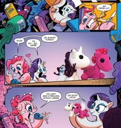 Size: 1205x1269 | Tagged: safe, artist:andypriceart, derpibooru import, idw, pinkie pie, rarity, earth pony, pony, unicorn, spoiler:comic, spoiler:comic42, comic, duo, female, irl, mare, mixed media, official comic, photo, plushie, speech bubble