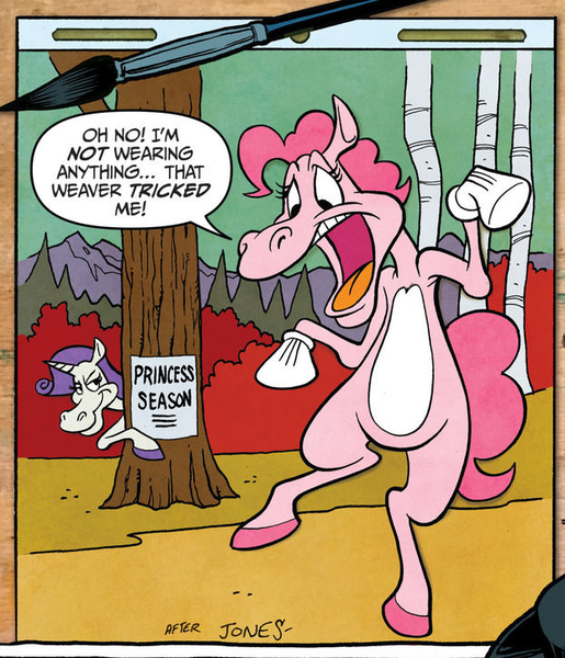 Size: 622x724 | Tagged: safe, artist:andypriceart, derpibooru import, idw, pinkie pie, rarity, earth pony, pony, semi-anthro, unicorn, spoiler:comic, spoiler:comic42, arm hooves, bugs bunny, chuck jones, colored hooves, daffy duck, duck season rabbit season, duo, female, looney tunes, mare, official comic, speech bubble, style emulation