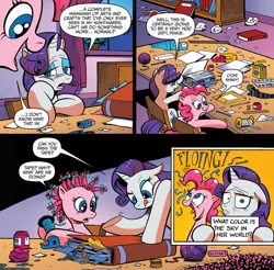 Size: 1237x1219 | Tagged: safe, artist:andypriceart, derpibooru import, idw, pinkie pie, rarity, earth pony, pony, unicorn, spoiler:comic, spoiler:comic42, comic, duo, female, fourth wall, mare, official comic, speech bubble