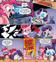Size: 1237x1370 | Tagged: safe, artist:andypriceart, derpibooru import, idw, pinkie pie, rarity, earth pony, pony, unicorn, spoiler:comic, spoiler:comic42, book, cartoon physics, comic, facedesk, female, mare, official comic, paper, pinkie being pinkie, ripped, speech bubble