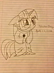 Size: 1024x1365 | Tagged: alphys, artist:nesteabrony, clothes, cosplay, costume, derpibooru import, lined paper, monochrome, safe, solo, traditional art, twialphys, twilight sparkle, undertale