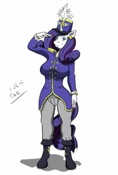 Size: 859x1280 | Tagged: safe, artist:sailoranna, derpibooru import, rarity, anthro, unguligrade anthro, unicorn, ancient wonderbolts uniform, beautiful, big breasts, boots, breasts, clothes, cute, female, fingernails, hat, nail polish, pants, sgt. rarity, shako, shoes, simple background, solo, uniform, white background, wonderbolts uniform