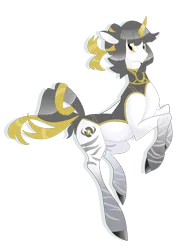 Size: 1024x1331 | Tagged: safe, artist:rannarbananar, derpibooru import, oc, oc:aegis ura, unofficial characters only, pony, unicorn, zebracorn, curved horn, female, golden eyes, golden ribben, gray mane, mare, outfit, ribbon, solo, stripped legs, white coat, zebra ancestory