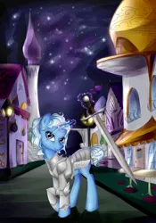 Size: 1600x2282 | Tagged: dead source, safe, artist:yuntaoxd, derpibooru import, trixie, pony, unicorn, armor, canterlot, commission, fantasy class, female, knight, levitation, looking at you, magic, mare, night, raised hoof, smiling, solo, stars, sword, telekinesis, warrior, weapon