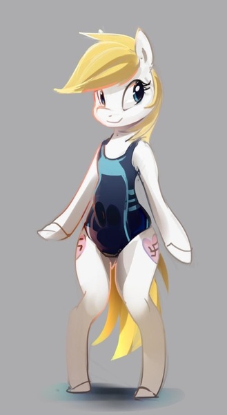 Size: 660x1202 | Tagged: safe, artist:anonymous, derpibooru import, oc, oc:aryanne, unofficial characters only, anthro, earth pony, unguligrade anthro, bathing, bipedal, clothes, female, heart, hooves, looking away, nazi, one-piece swimsuit, smiling, solo, standing, summer, swastika, swimsuit