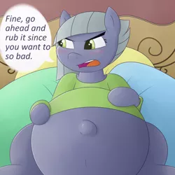 Size: 2000x2000 | Tagged: safe, artist:funble, derpibooru import, limestone pie, earth pony, belly, belly button, big belly, blushing, clothes, dialogue, female, limetsun pie, mare, outie belly button, pregnant, pregnant limestone, shirt, solo, tsundere