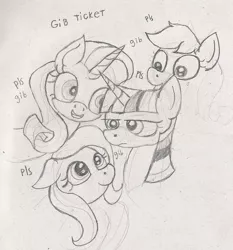 Size: 1156x1240 | Tagged: applejack, artist:paskanaakka, derpibooru import, fluttershy, mlp rewind art challenge, monochrome, rarity, safe, sketch, the ticket master, traditional art, twilight sparkle