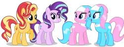 Size: 5250x2000 | Tagged: safe, artist:ggalleonalliance, artist:osipush, artist:pdpie, derpibooru import, aloe, lotus blossom, starlight glimmer, sunset shimmer, earth pony, pony, unicorn, absurd resolution, alternate hairstyle, counterparts, mane swap, spa twins, twilight's counterparts