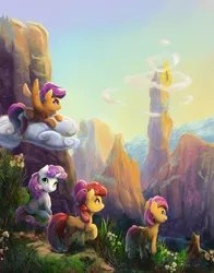 Size: 1600x2036 | Tagged: safe, artist:viwrastupr, derpibooru import, apple bloom, babs seed, scootaloo, sweetie belle, twilight sparkle, earth pony, pegasus, pony, unicorn, adorababs, adorabloom, adventure, cute, cutealoo, cutie mark, cutie mark crusaders, diasweetes, female, filly, scenery, scenery porn, smiling, the cmc's cutie marks