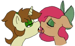 Size: 281x171 | Tagged: safe, artist:lockheart, derpibooru import, oc, oc:cherry sweetheart, oc:fancy fletch, unofficial characters only, pony, bedroom eyes, bow, drool, eyes closed, eyeshadow, female, flockmod, french kiss, hair bow, image, kissing, lesbian, makeup, oc x oc, open mouth, png, ponytail, shipping, sloppy kissing, tongue out, tongue play