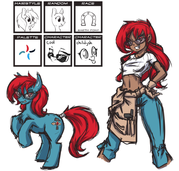 Size: 600x572 | Tagged: safe, artist:n647, derpibooru import, oc, unofficial characters only, earth pony, human, pony, glasses, humanized, humanized oc, midriff, pony randomizer challenge