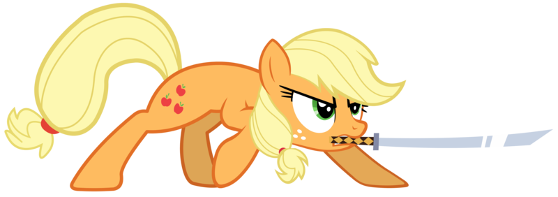 Size: 7996x2818 | Tagged: absurd resolution, applejack, artist:justisanimation, artist:mysteryben, derpibooru import, katana, mouth hold, rhythm is magic, safe, simple background, solo, sword, transparent background, vector, weapon