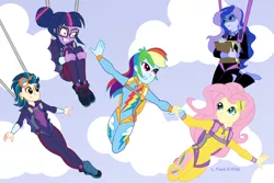 Size: 1200x800 | Tagged: safe, artist:wom-bat, derpibooru import, fluttershy, indigo zap, princess luna, rainbow dash, sci-twi, twilight sparkle, equestria girls, friendship games, clipboard, clothes, commission, falling, goggles, holding hands, jumpsuit, panic, parachute, skydiving, vice principal luna