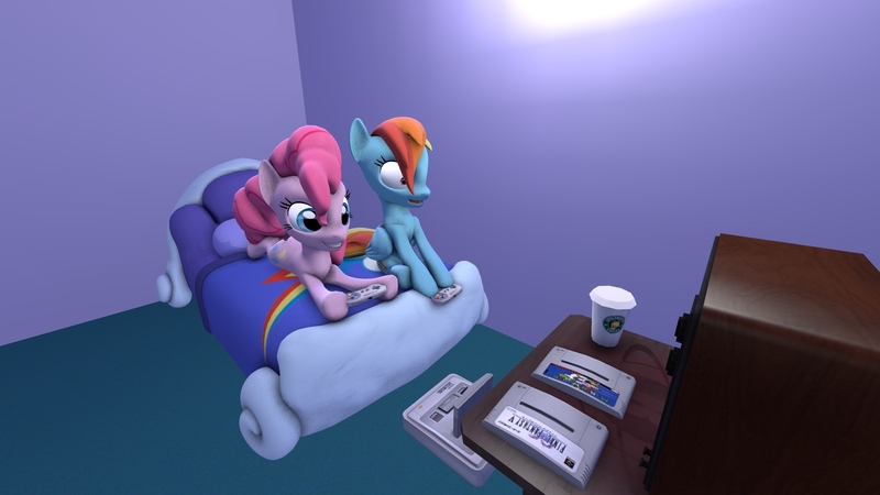 Size: 1920x1080 | Tagged: 3d, applebucks coffee, artist:juanjo_belic, bed, derpibooru import, final fantasy v, pinkie pie, rainbow dash, safe, source filmmaker, super mario bros., super mario world, super nintendo, video game