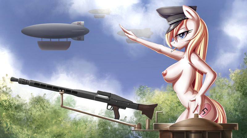 Size: 3600x2026 | Tagged: questionable, artist:aryanne, derpibooru import, oc, oc:aryanne, unofficial characters only, anthro, earth pony, aryan pony, ass, breasts, casual nudity, cigarette, cloud, fascism, female, forest, germany, gun, hat, heart, heil, machine gun, mg-42, nazi, nudity, pinup, reich, salute, sieg heil, sky, smoking, solo, solo female, starry eyes, swastika, tank (vehicle), wallpaper, weapon, we are going to heil, wingding eyes, zeppelin