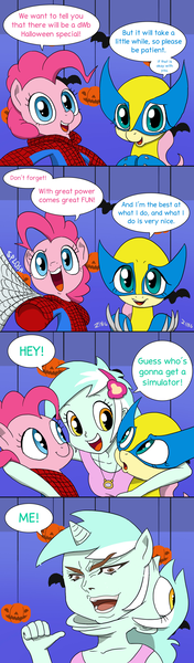 Size: 1024x3490 | Tagged: safe, artist:doublewbrothers, derpibooru import, edit, fluttershy, lyra heartstrings, pinkie pie, equestria girls, clothes, comic, dialogue, dio brando, human costume, it was me, jojo's bizarre adventure, speech bubble, spider-man, wolverine