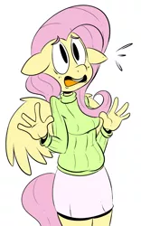 Size: 1137x1827 | Tagged: anthro, artist:benja, ask-ask-the-ponies, clothes, derpibooru import, fluttershy, safe, skirt, solo, sweater, sweatershy