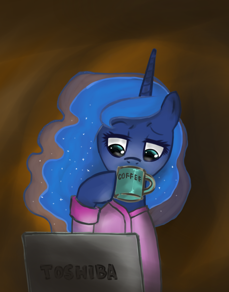 Size: 936x1192 | Tagged: artist:katakiri, clothes, coffee, computer, derpibooru import, hoof hold, princess luna, robe, safe, solo, toshiba