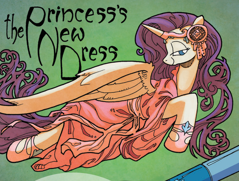Size: 1304x988 | Tagged: safe, artist:andypriceart, derpibooru import, idw, rarity, alicorn, pony, spoiler:comic42, alicornified, clothes, comic panel, dress, female, headdress, horn, horn jewelry, jewelry, lidded eyes, mare, modern art, nouveau, official comic, princess rarity, prone, race swap, raricorn, regalia, smiling, solo, the emperor's new clothes