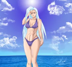 Size: 1280x1184 | Tagged: abs, areola, artist:barskavil, beach, belly button, big breasts, bikini, breasts, clothes, derpibooru import, erect nipples, explicit source, female, human, human coloration, humanized, nipple outline, nudity, ripped, see-through, solo, suggestive, sweat, swimsuit, trixie