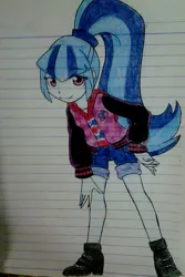 Size: 1299x1948 | Tagged: safe, artist:fantasygerard2000, derpibooru import, sonata dusk, equestria girls, rainbow rocks, alternate costumes, cute, drawing, lined paper, looking at you, photo, smiling, solo, sonatabetes, traditional art