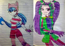 Size: 2512x1772 | Tagged: safe, artist:fantasygerard2000, derpibooru import, aria blaze, sonata dusk, equestria girls, friendship games, alternate costumes, cute, drawing, helmet, lined paper, looking at you, motocross outfit, photo, roller skates, smiling, speed skating, traditional art, wondercolts