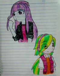 Size: 1449x1820 | Tagged: safe, artist:fantasygerard2000, derpibooru import, lemon zest, sunny flare, equestria girls, friendship games, alternate hairstyle, blushing, cute, drawing, lined paper, photo, smiling, traditional art