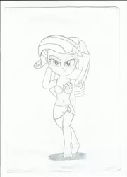 Size: 1700x2366 | Tagged: suggestive, artist:deon miller, derpibooru import, rarity, equestria girls, barefoot, bedroom eyes, belly button, bikini, breasts, cleavage, clothes, feet, female, flower, midriff, monochrome, raised eyebrow, sarong, sexy, solo, swimsuit, traditional art, wrap skirt