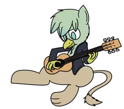 Size: 1140x1006 | Tagged: safe, artist:mr. rottson, deleted from derpibooru, derpibooru import, oc, oc:dent, unofficial characters only, gryphon, chest fluff, clothes, guitar, hoodie, simple background, sitting, solo, transparent background