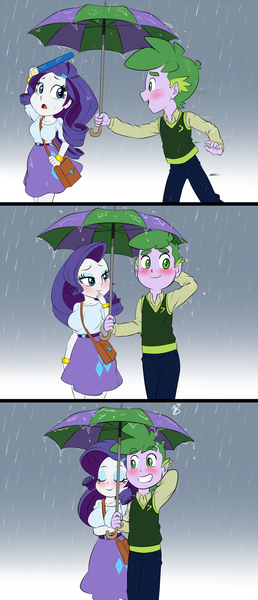 Size: 700x1628 | Tagged: safe, artist:pia-sama, derpibooru import, rarity, spike, equestria girls, blushing, cute, equestria girls-ified, female, handbag, human spike, male, older, older spike, rain, shipping, sparity, straight, umbrella