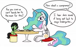 Size: 1280x788 | Tagged: safe, artist:skitter, derpibooru import, princess celestia, oc, oc:anon, oc:anonfilly, alicorn, earth pony, pony, concerned, cookie, cup, cushion, cute, dialogue, eye contact, female, filly, food, frown, implied karma, implied twilight sparkle, lidded eyes, looking at each other, mare, missing accessory, open mouth, pillow, plate, punishment, simple background, sitting, smiling, stool, table, talking, tea, white background