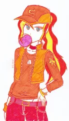 Size: 1691x2957 | Tagged: safe, artist:dragonemperror2810, derpibooru import, sunset shimmer, equestria girls, bubblegum, casual, choker, food, gum, ponytail, solo, traditional art, wondercolts