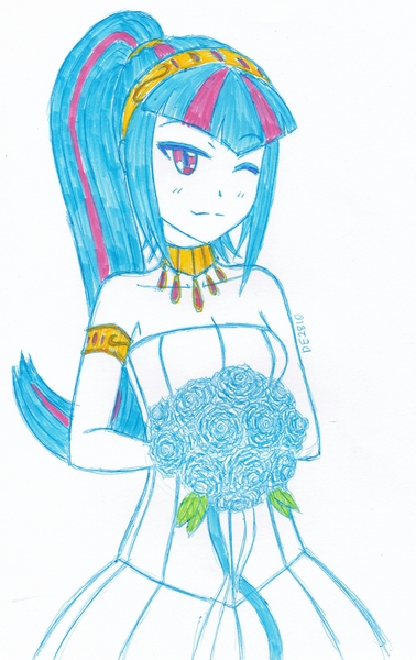 Size: 1775x2817 | Tagged: safe, artist:dragonemperror2810, derpibooru import, sonata dusk, equestria girls, rainbow rocks, bouquet, clothes, dress, solo, the dazzlings, wedding dress, wink