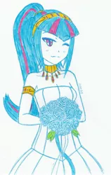 Size: 1775x2817 | Tagged: safe, artist:dragonemperror2810, derpibooru import, sonata dusk, equestria girls, rainbow rocks, bouquet, clothes, dress, solo, the dazzlings, wedding dress, wink