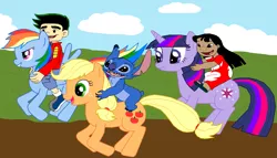 Size: 1933x1104 | Tagged: american dragon jake long, applejack, artist:majkashinoda626, crossover, derpibooru import, jake long, lilo and stitch, lilo pelekai, race, racing, rainbow dash, ride, rider, riding, safe, stitch, twilight sparkle