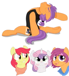 Size: 1115x1227 | Tagged: safe, artist:dbkit, derpibooru import, apple bloom, scootaloo, sweetie belle, tender taps, earth pony, pegasus, pony, unicorn, backbend, blushing, clothes, cutie mark crusaders, female, flexible, leotard, male, mare, older, older tender taps, shipping, simple background, stallion, story included, straight, tenderbelle, transparent background